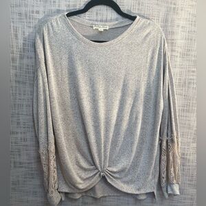 Drape front sweater, neutral boho sweater, lace sleeve sweater